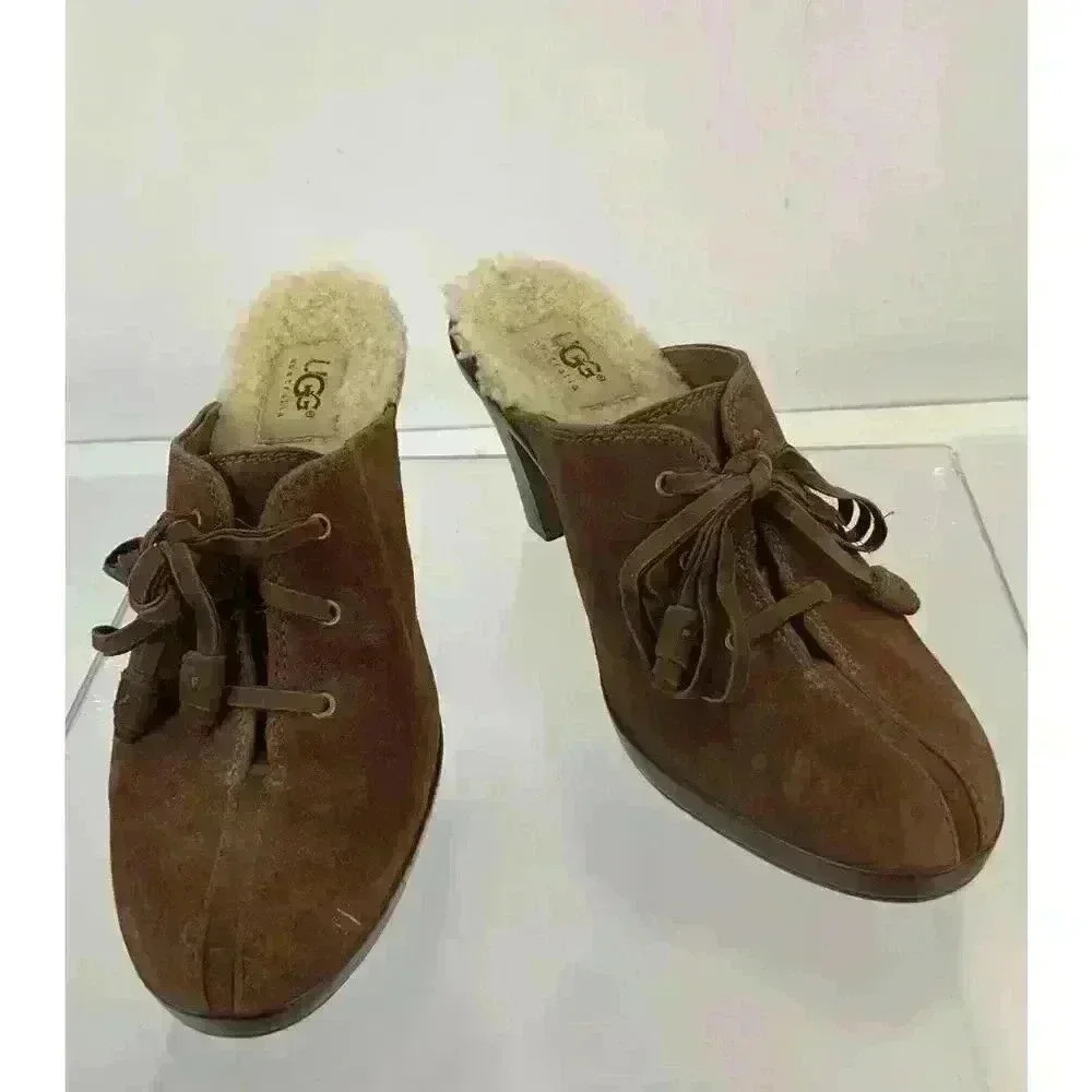 UGG‎ Australia Molly Brown Suede Sheepskin Insole Lace-Up Slip-On Mules Size 7.5